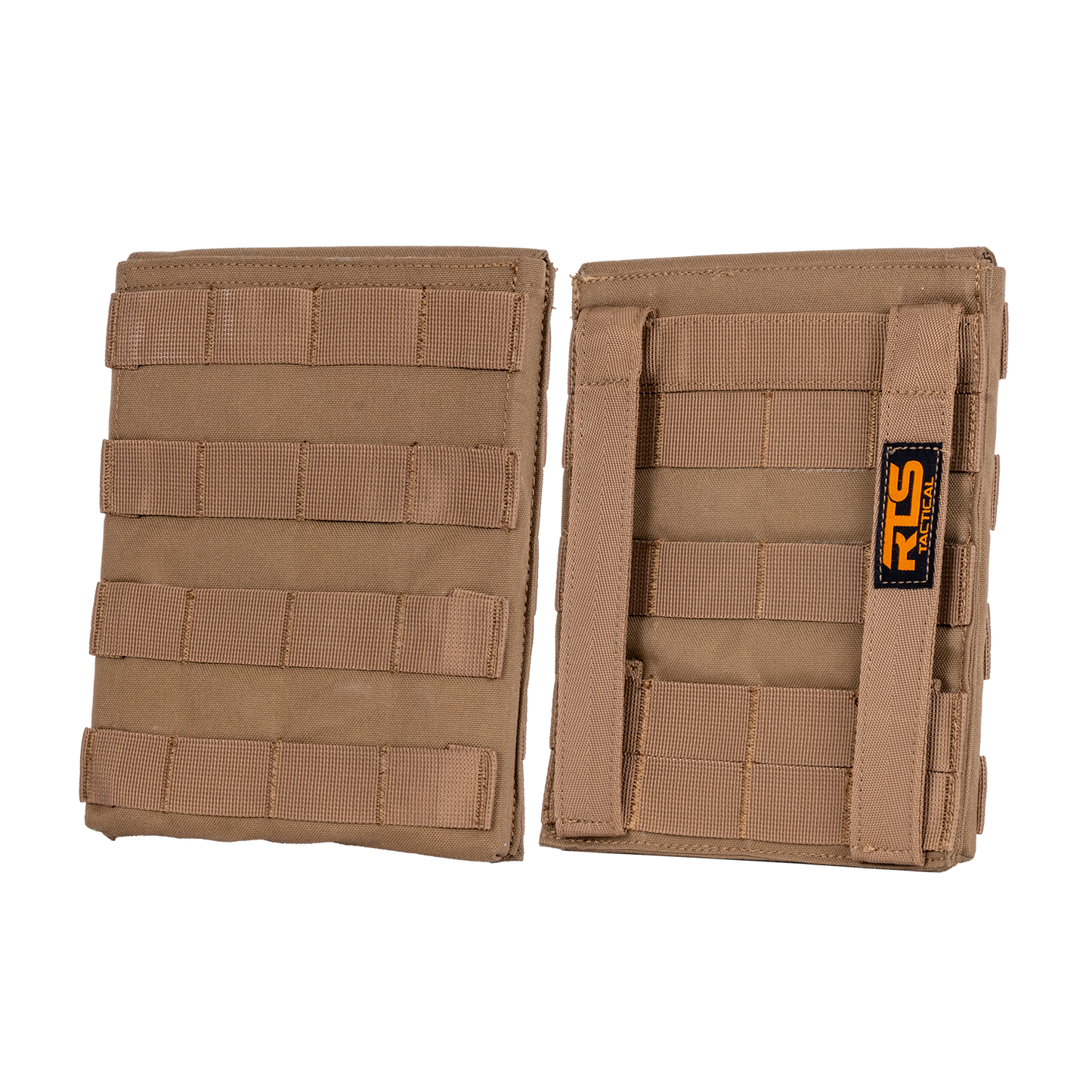 Tan tactical pouches with MOLLE webbing and an "RLS Tactical" label are displayed side by side on a black background.