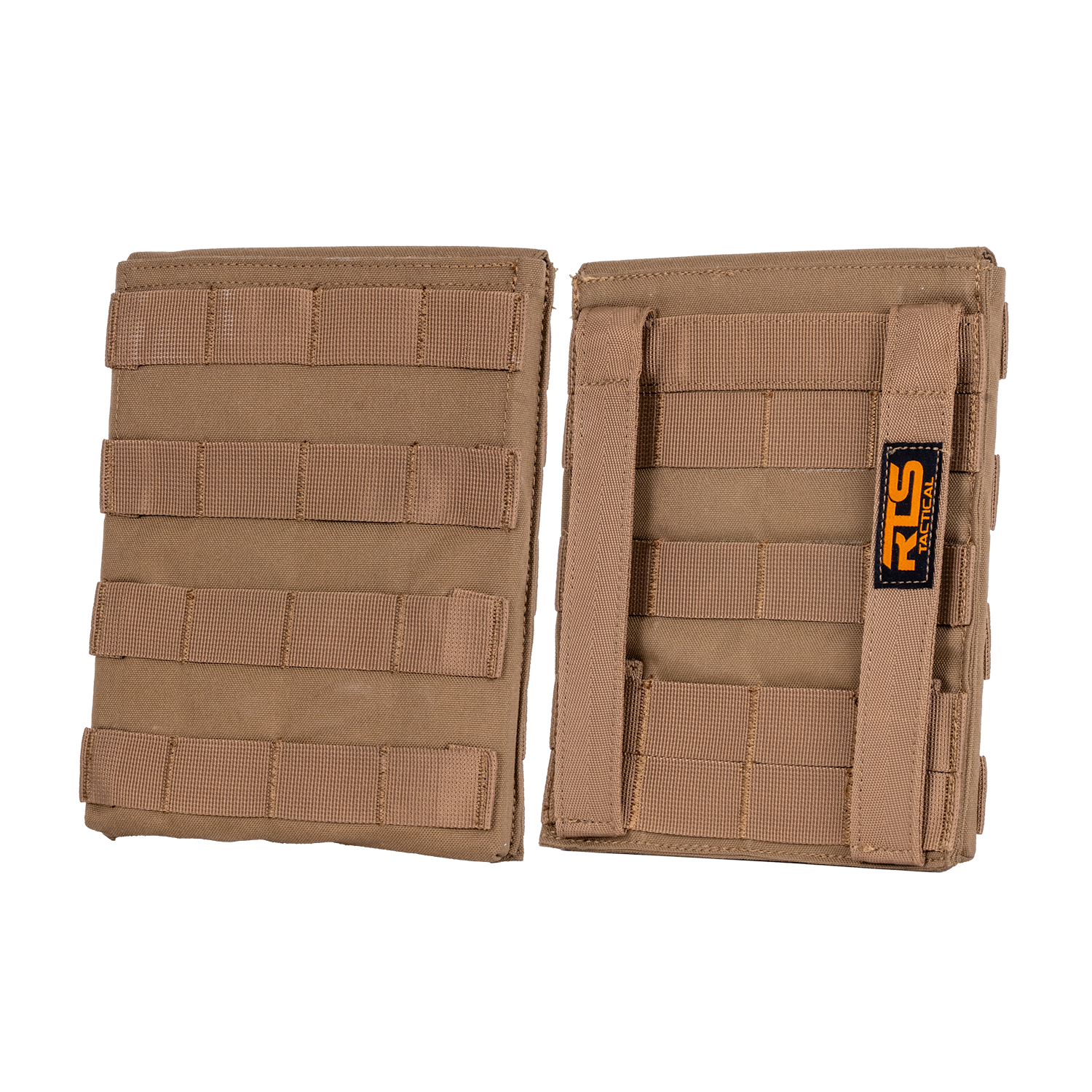 Tan tactical pouches with MOLLE webbing and an "RLS Tactical" label are displayed side by side on a black background.