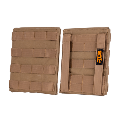 Tan tactical pouches with MOLLE webbing and an "RLS Tactical" label are displayed side by side on a black background.