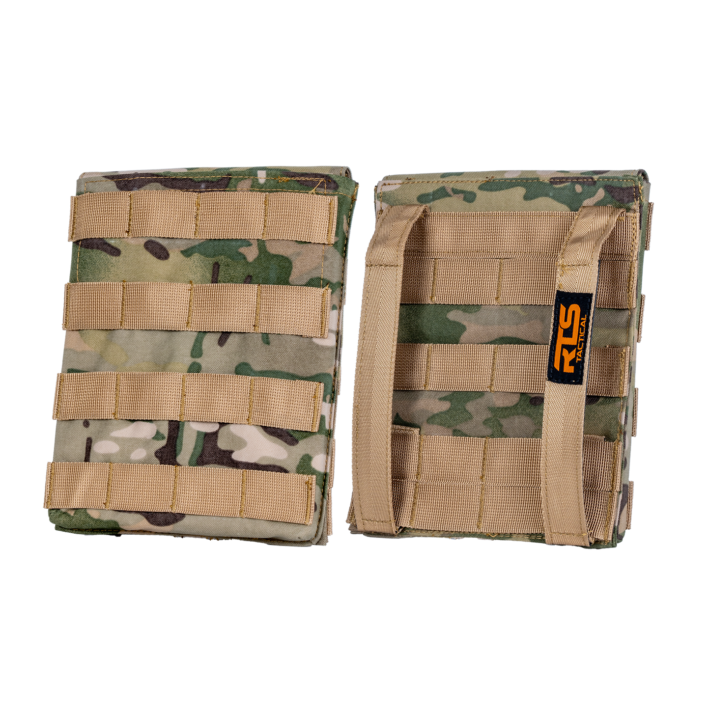 Two camouflage tactical pouches with tan webbing straps are shown. The left pouch is front-facing, while the right displays its back, featuring a logo tag.
