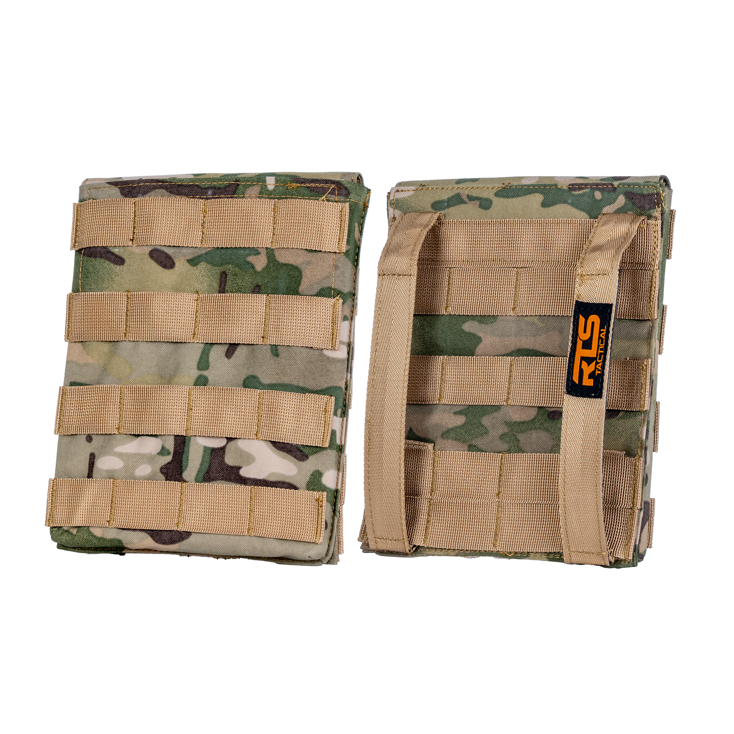 Two camouflage tactical pouches with tan webbing straps are shown. The left pouch is front-facing, while the right displays its back, featuring a logo tag.