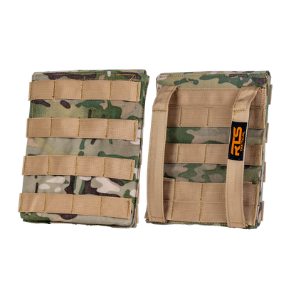 Two camouflage tactical pouches with tan webbing straps are shown. The left pouch is front-facing, while the right displays its back, featuring a logo tag.