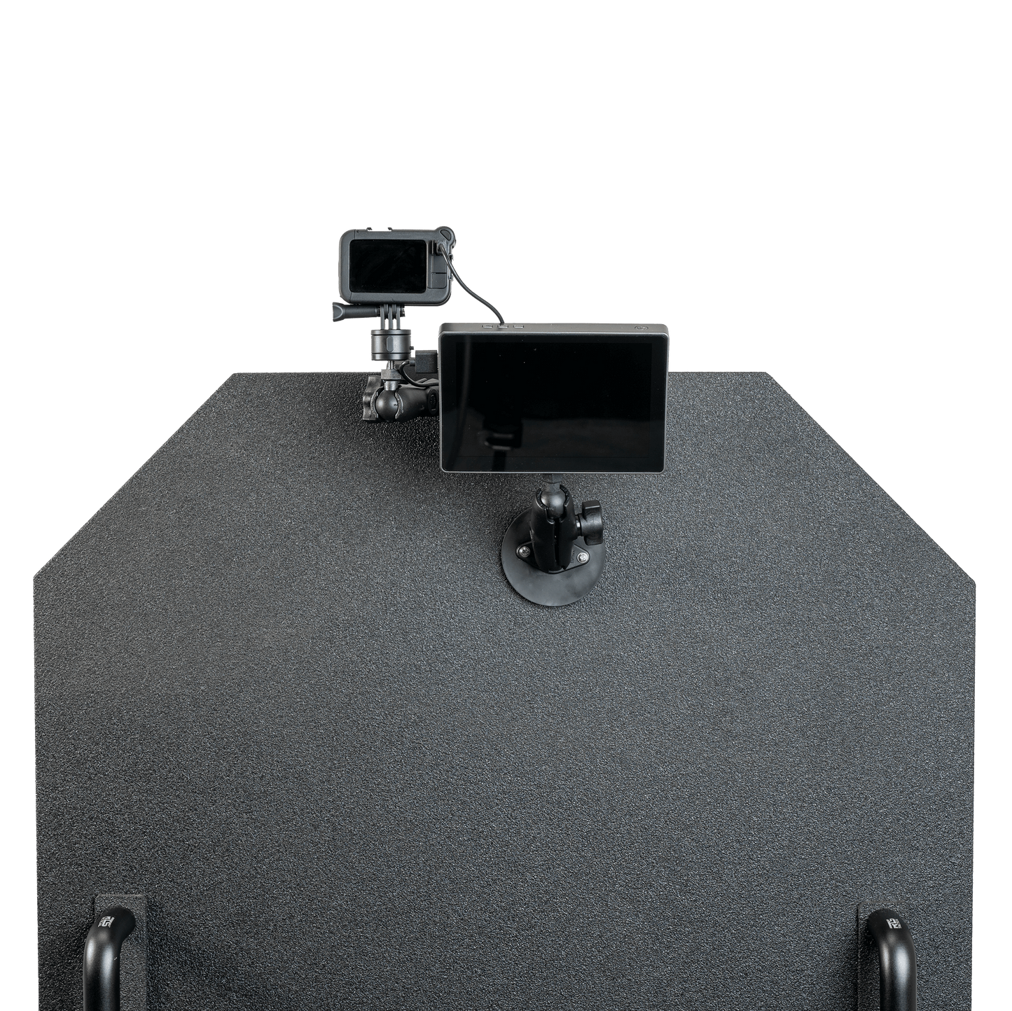 GoPro camera mounted atop a textured, dark bulletproof panel.