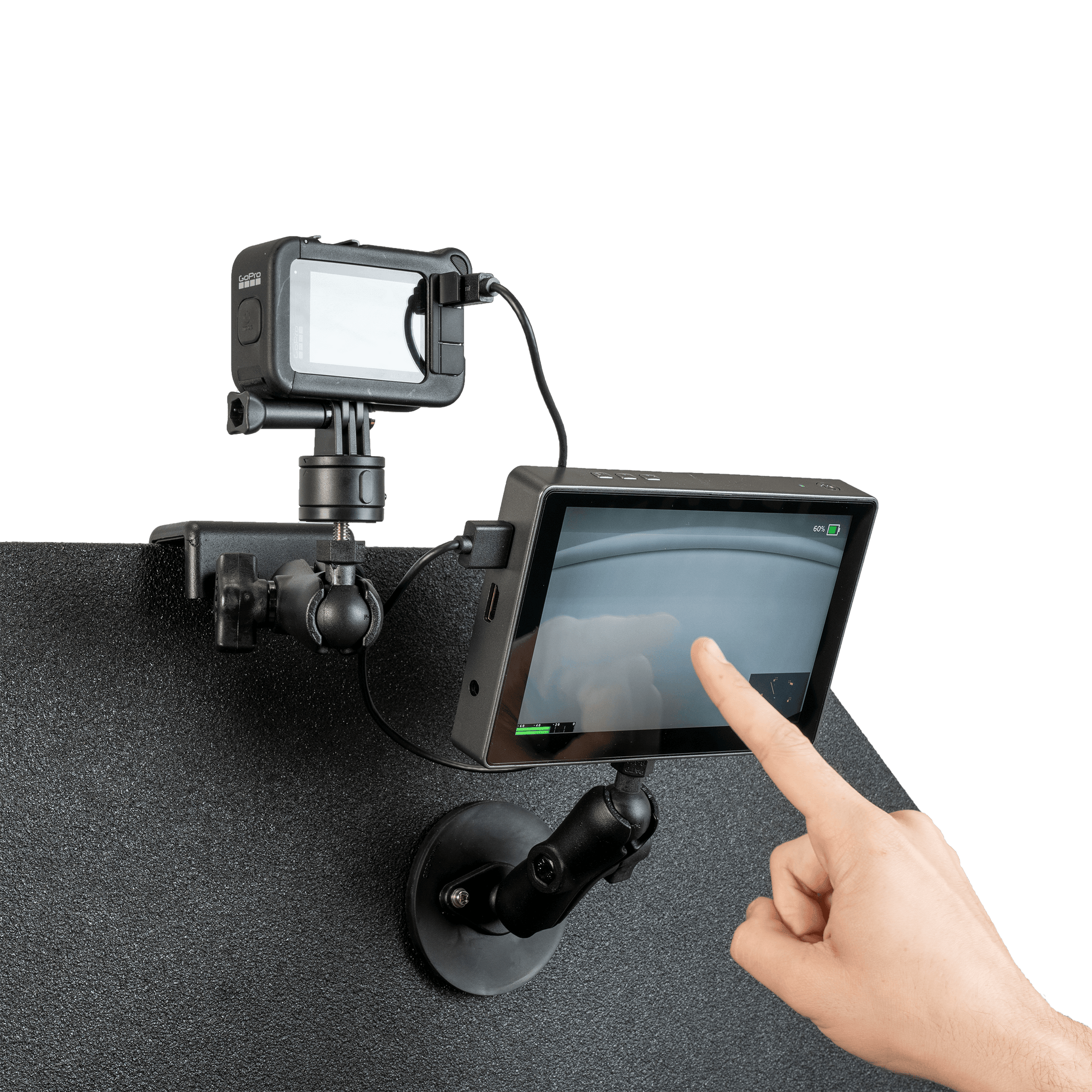 Touch screen with GoPro camera mounted atop a bulletproof panel.