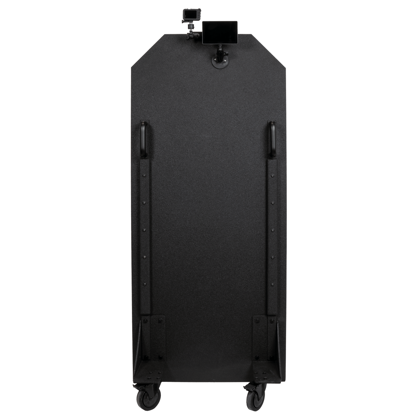 A tall, black bulletproof panel on wheels is shown with handles on the front and a GoPro camera mounted on top.
