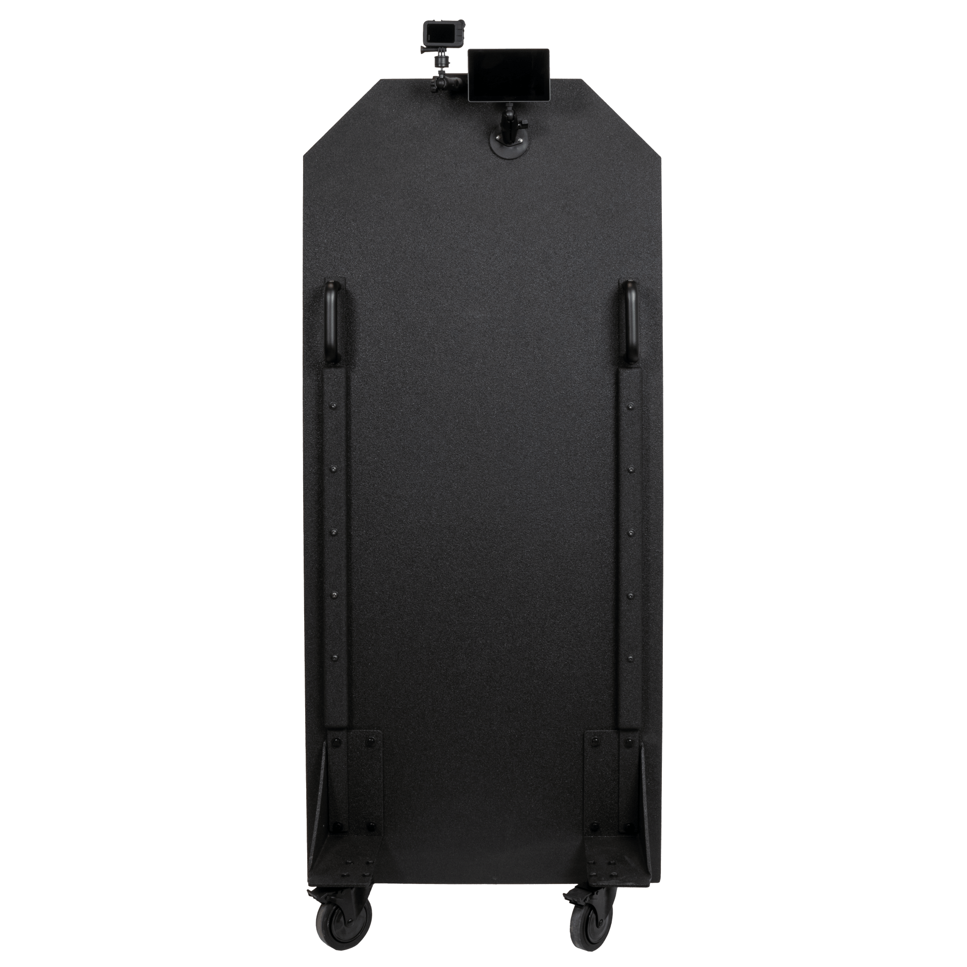 A tall, black bulletproof panel on wheels is shown with handles on the front and a GoPro camera mounted on top.
