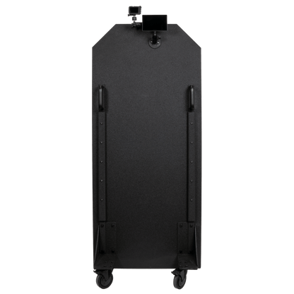 A tall, black bulletproof panel on wheels is shown with handles on the front and a GoPro camera mounted on top.