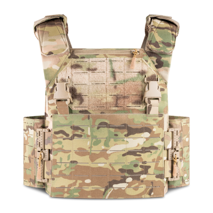 Camouflage tactical vest with adjustable straps and multiple buckles.
