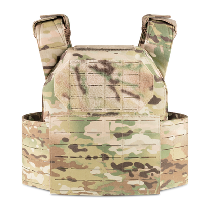 A military tactical vest with a camouflage pattern and modular webbing for attaching gear.