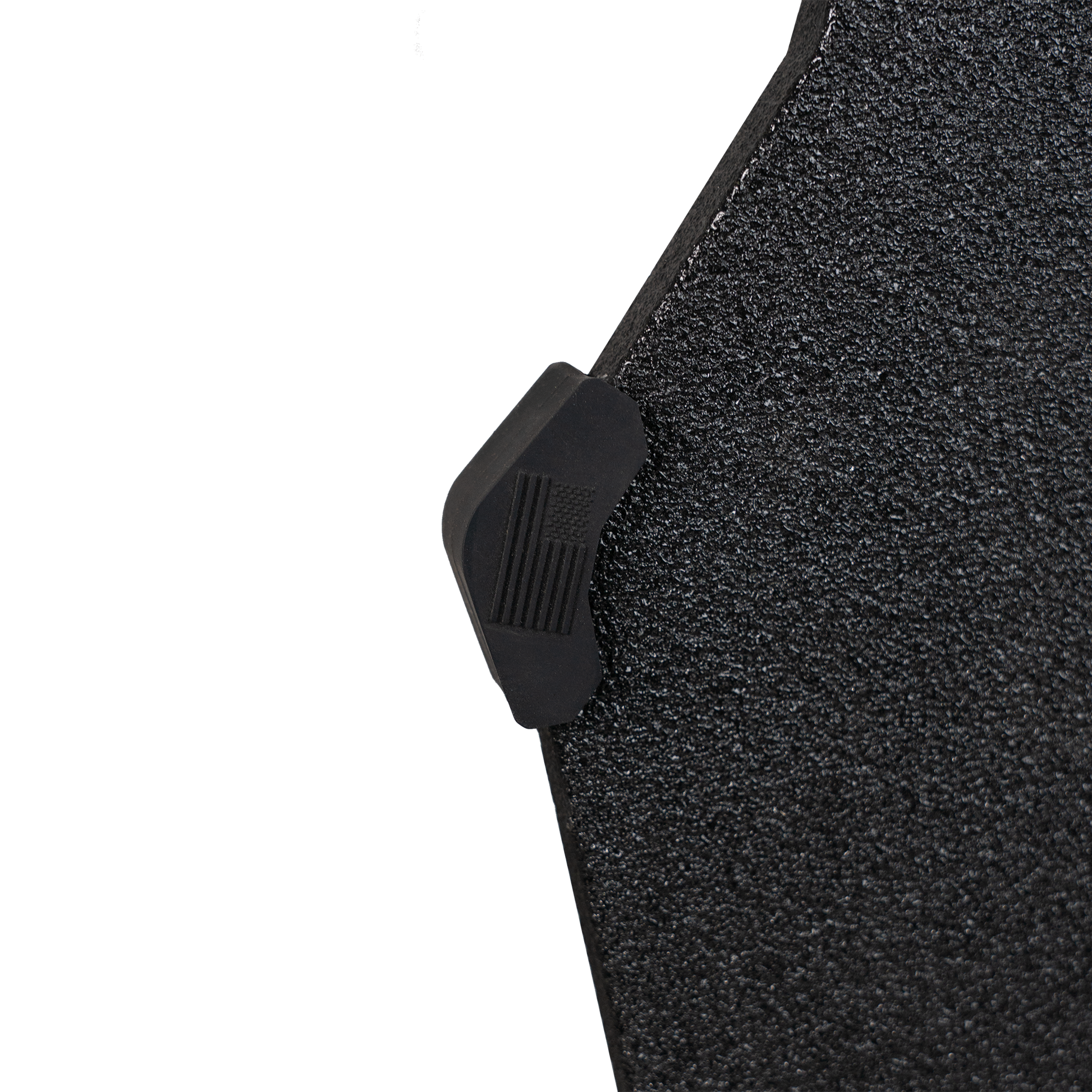 Close-up of a textured black armor plate with a small buffer bumper on the end with American flag.