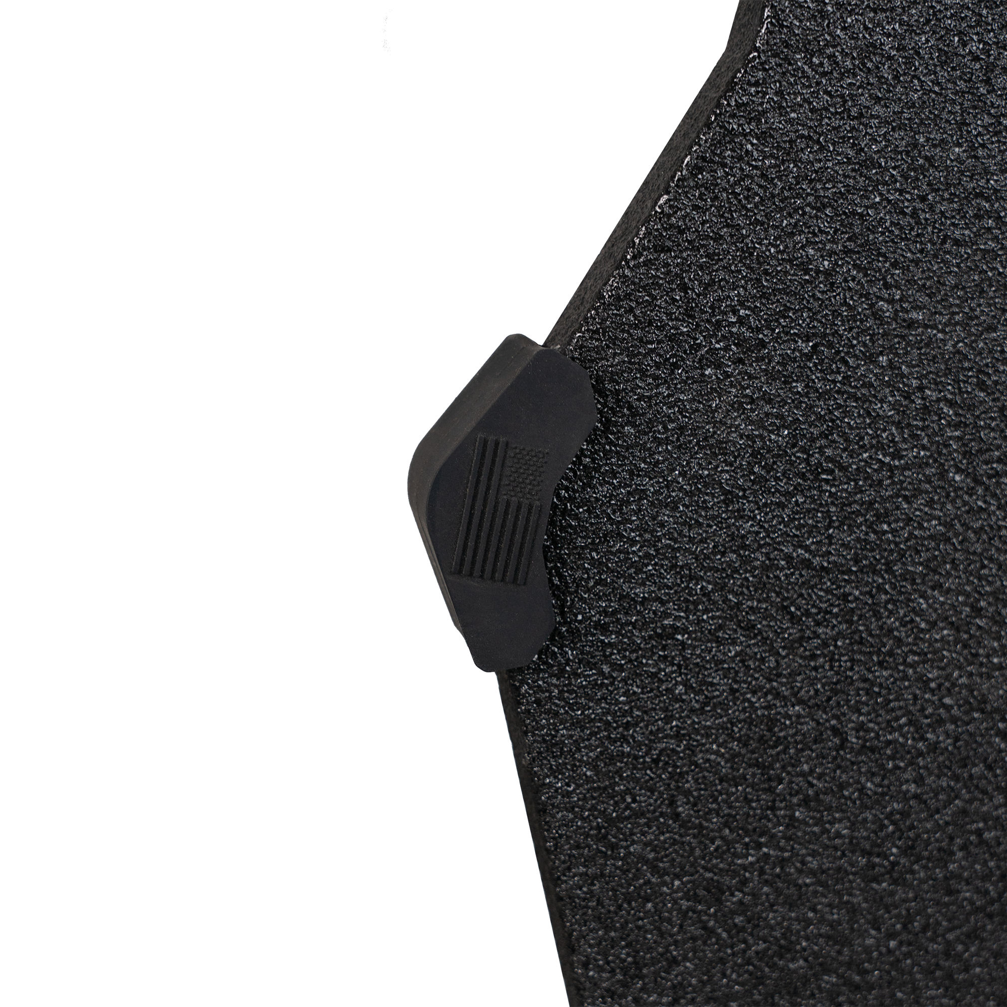Close-up of a textured black armor plate with a small buffer bumper on the end with American flag.