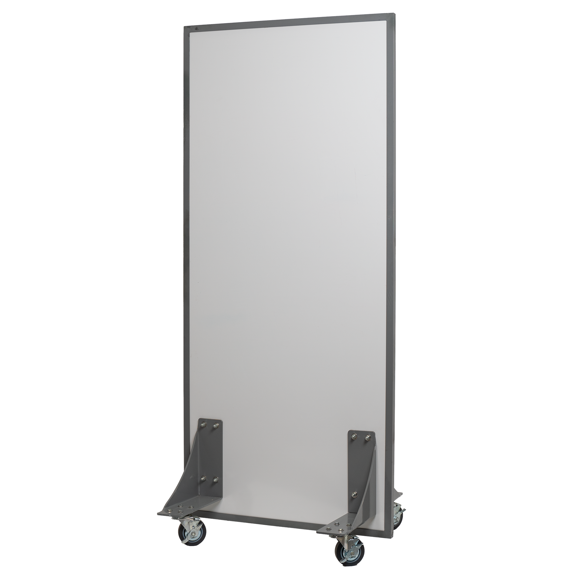 A tall, rectangular bulletproof whiteboard on wheels with a sturdy metal frame and brackets.