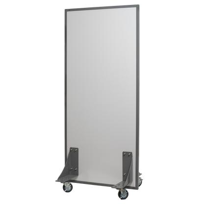 A tall, rectangular bulletproof whiteboard on wheels with a sturdy metal frame and brackets.