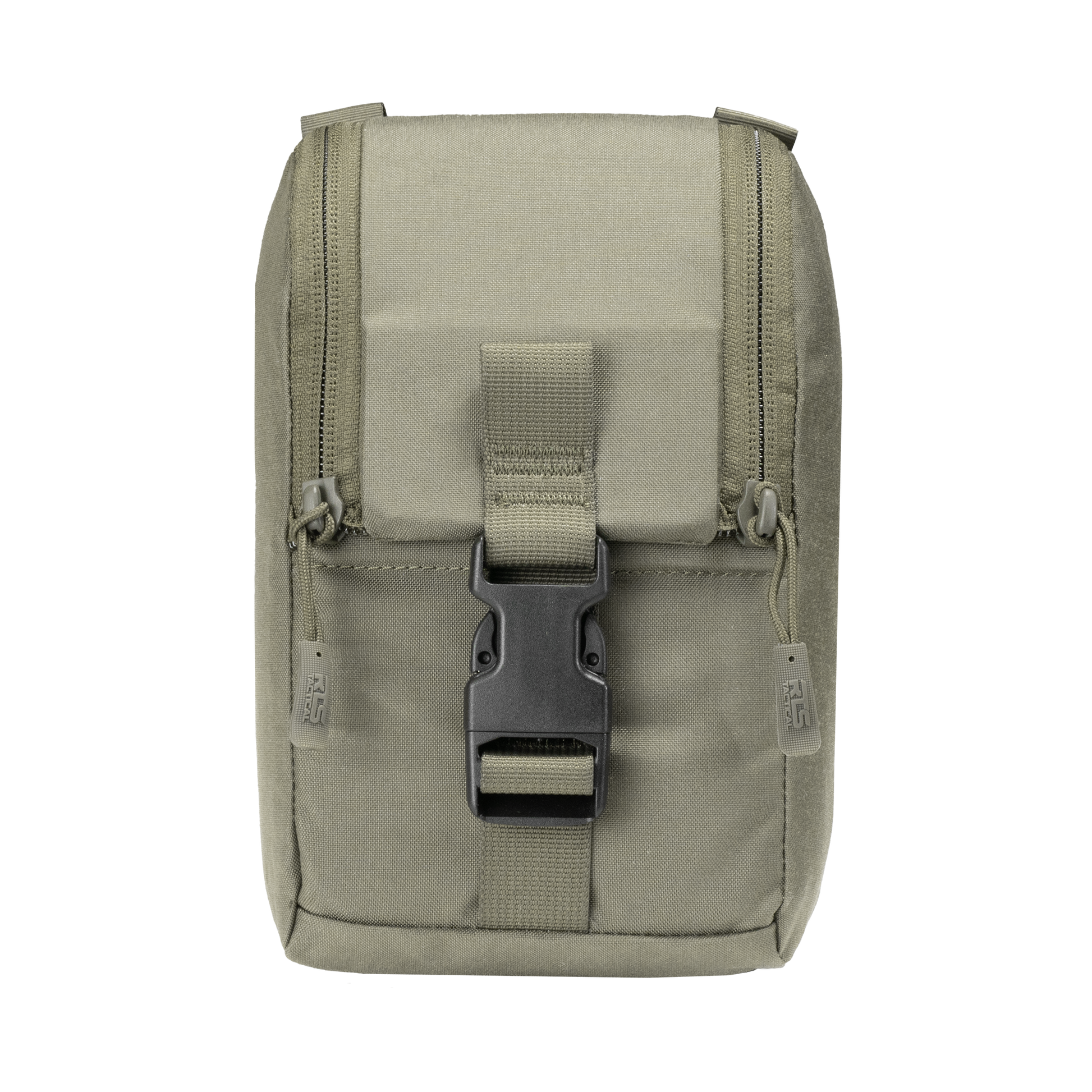 A khaki tactical pouch with a sturdy black buckle and two side zippers. Its rugged design conveys durability and functionality.