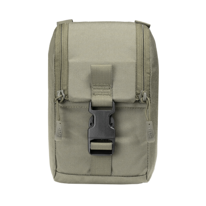 A khaki tactical pouch with a sturdy black buckle and two side zippers. Its rugged design conveys durability and functionality.