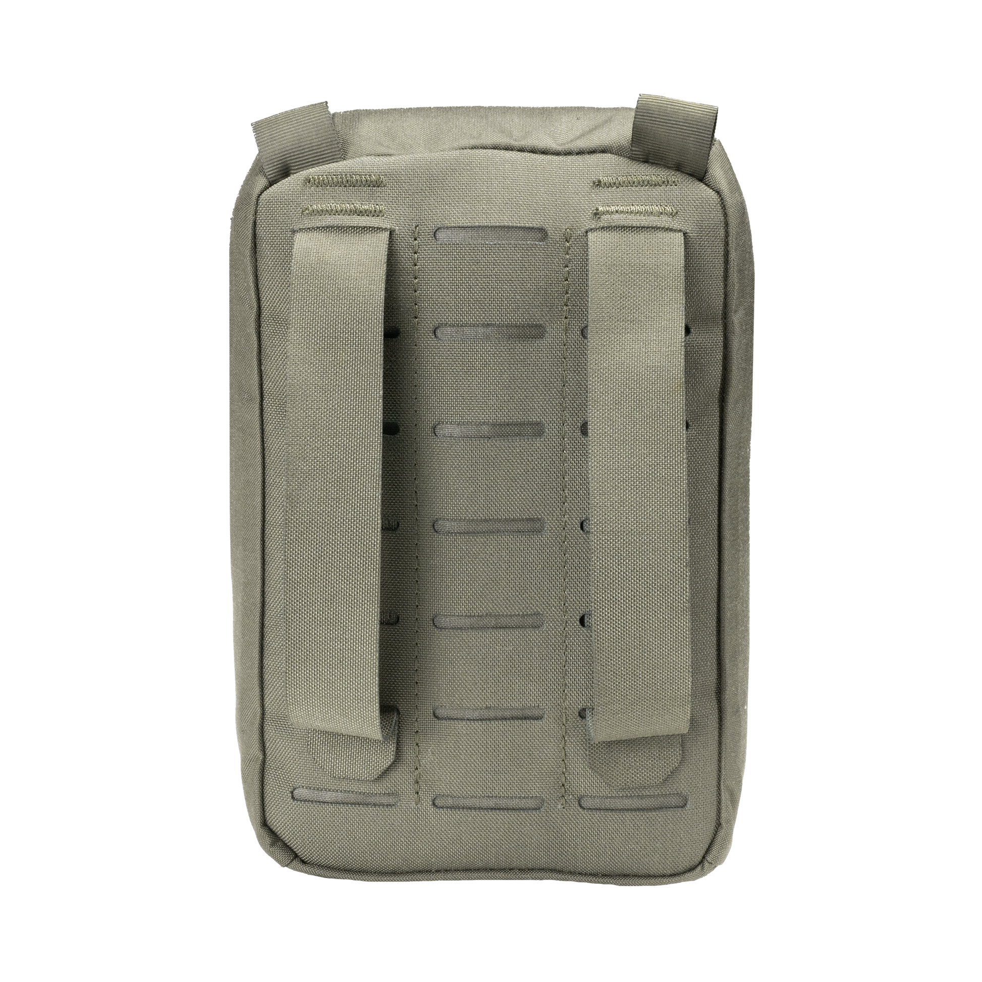A khaki tactical backpack with two vertical straps and horizontal stitching, designed for durability.