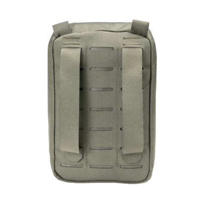 A khaki tactical backpack with two vertical straps and horizontal stitching, designed for durability.