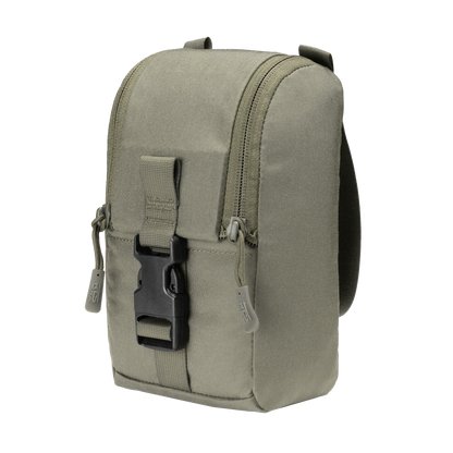 A compact, olive green canvas pouch with dual zippers and a black buckle strap. It appears durable, functional, and designed for outdoor use.