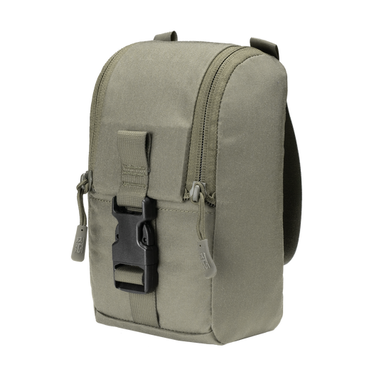A compact, olive green canvas pouch with dual zippers and a black buckle strap. It appears durable, functional, and designed for outdoor use.