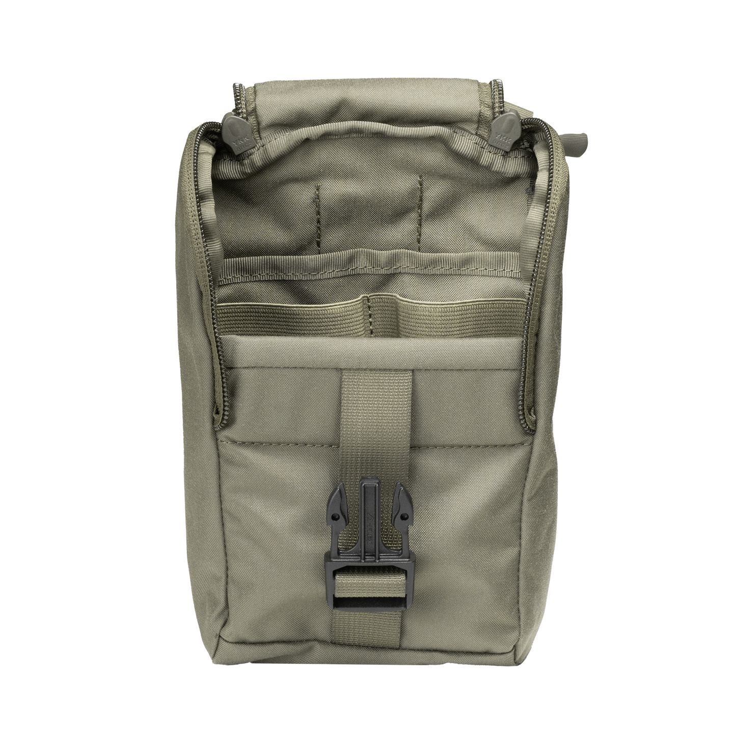 Olive green tactical pouch with a secure buckle closure. The pouch features organized interior compartments and a rugged, durable texture.