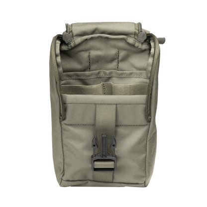 Olive green tactical pouch with a secure buckle closure. The pouch features organized interior compartments and a rugged, durable texture.