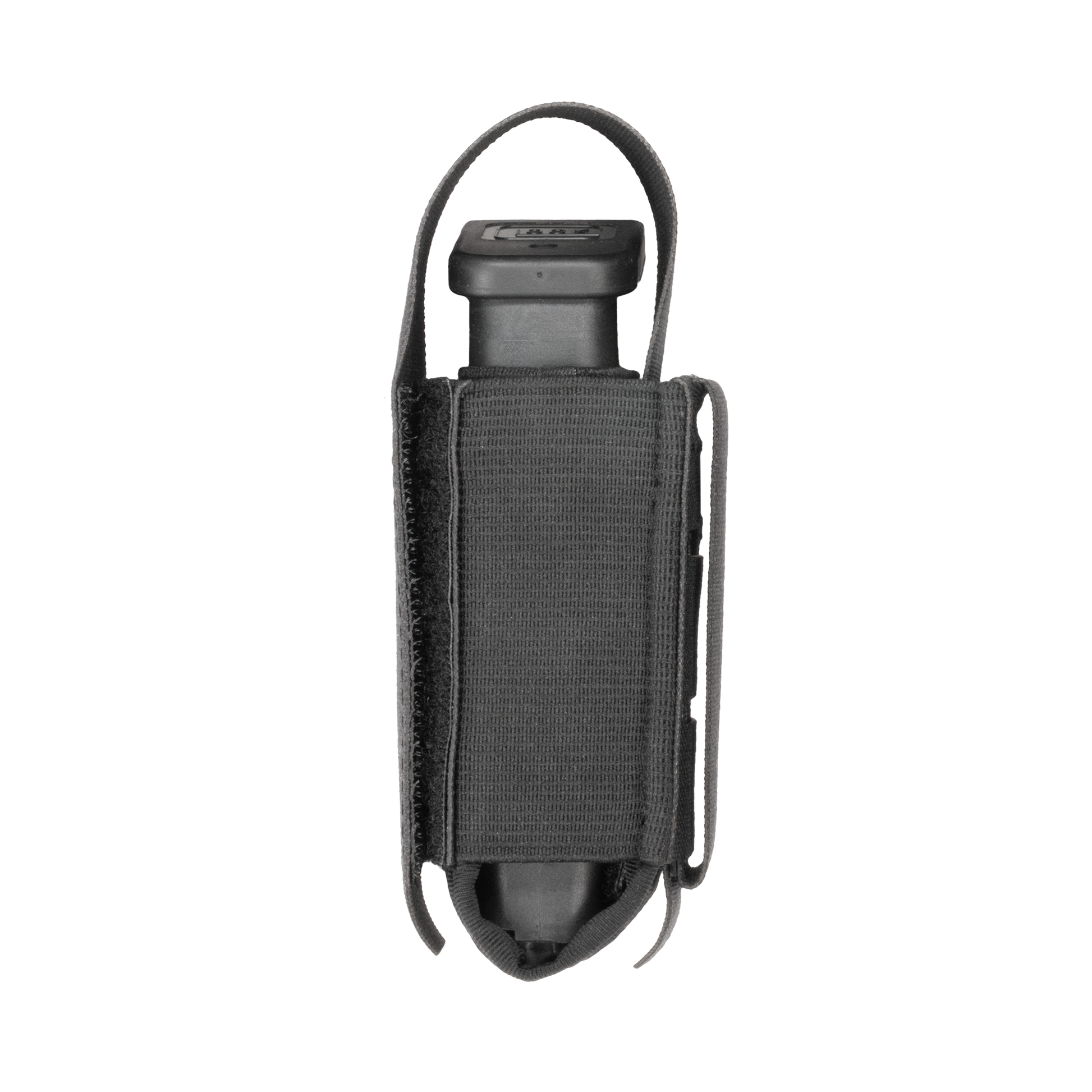 Black tactical nylon belt pouch with a vertical flap. The material looks durable, suitable for carrying small tools or gadgets.