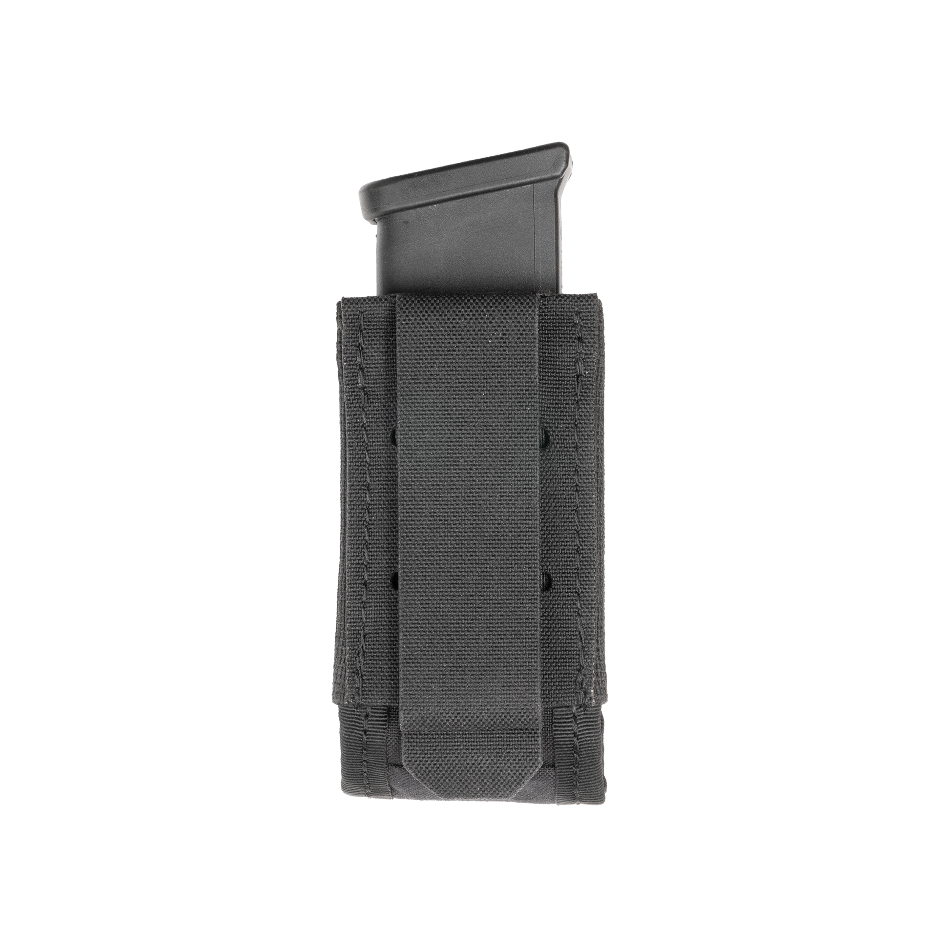 A black handgun magazine is secured in a black Velcro pouch with reinforced stitching.