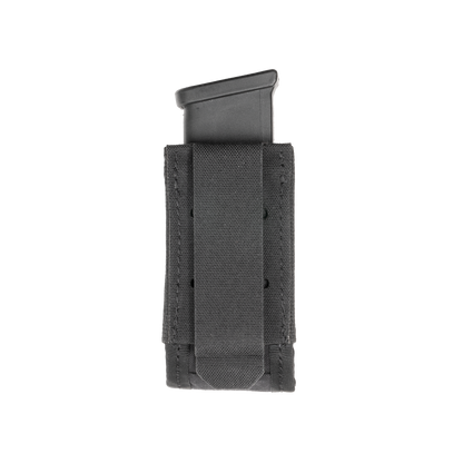 A black handgun magazine is secured in a black Velcro pouch with reinforced stitching.