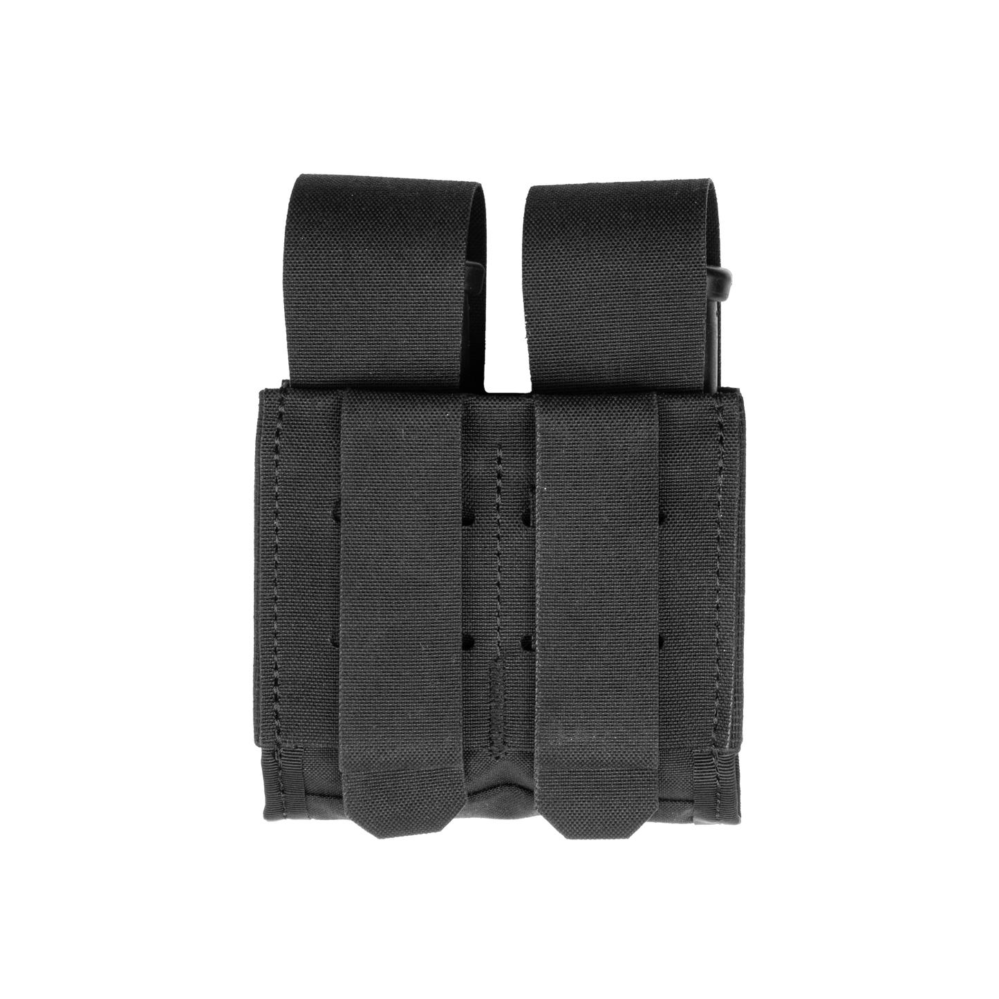 Black dual magazine pouch with two elastic loops for securing magazines. The pouch has a rugged, tactical design, conveying durability and practicality.