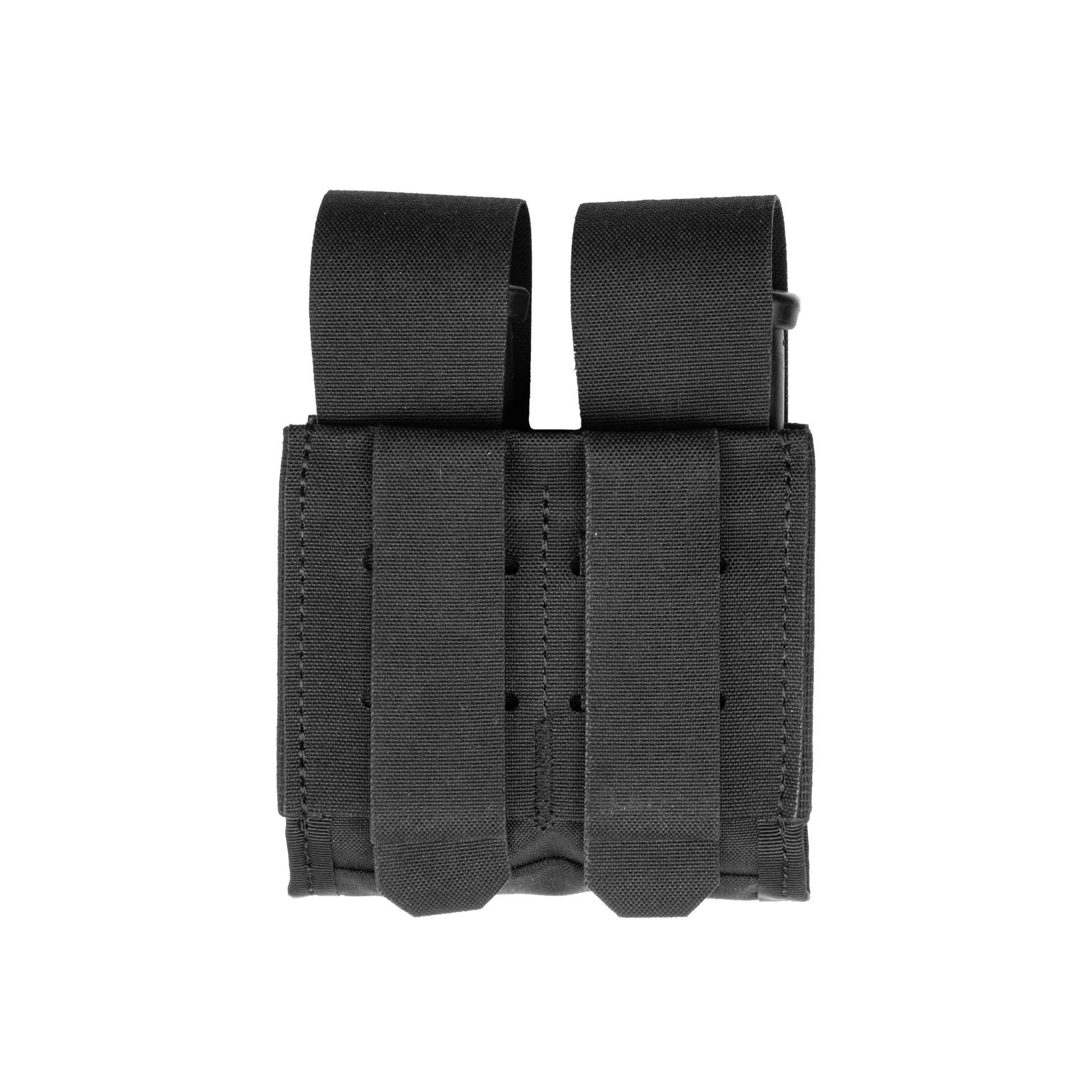 Black dual magazine pouch with two elastic loops for securing magazines. The pouch has a rugged, tactical design, conveying durability and practicality.