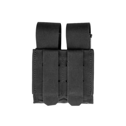 Black dual magazine pouch with two elastic loops for securing magazines. The pouch has a rugged, tactical design, conveying durability and practicality.