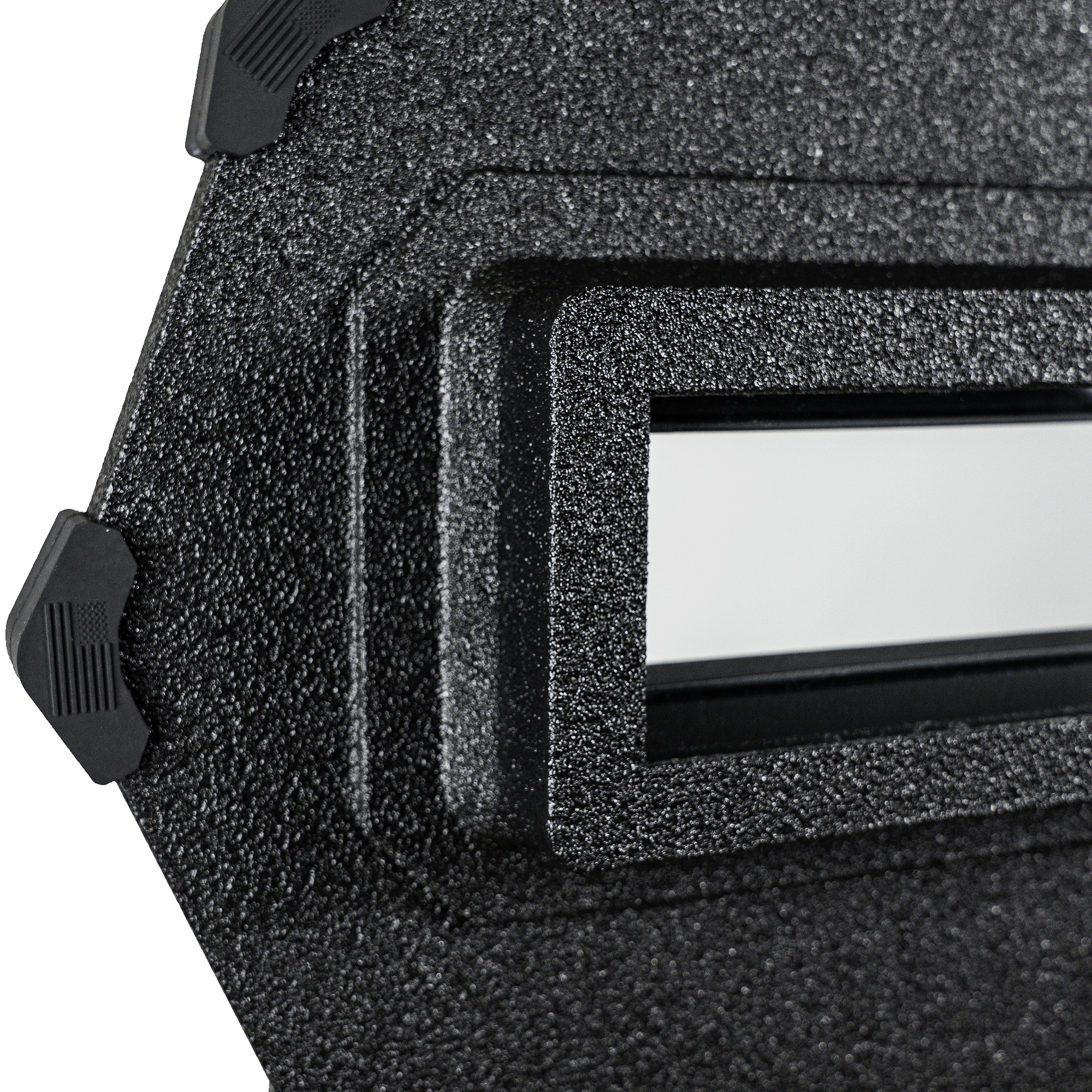 Close-up of a black ballistic shield with a rectangular cutout. The material appears rugged and industrial, with smooth edges and a modern look.