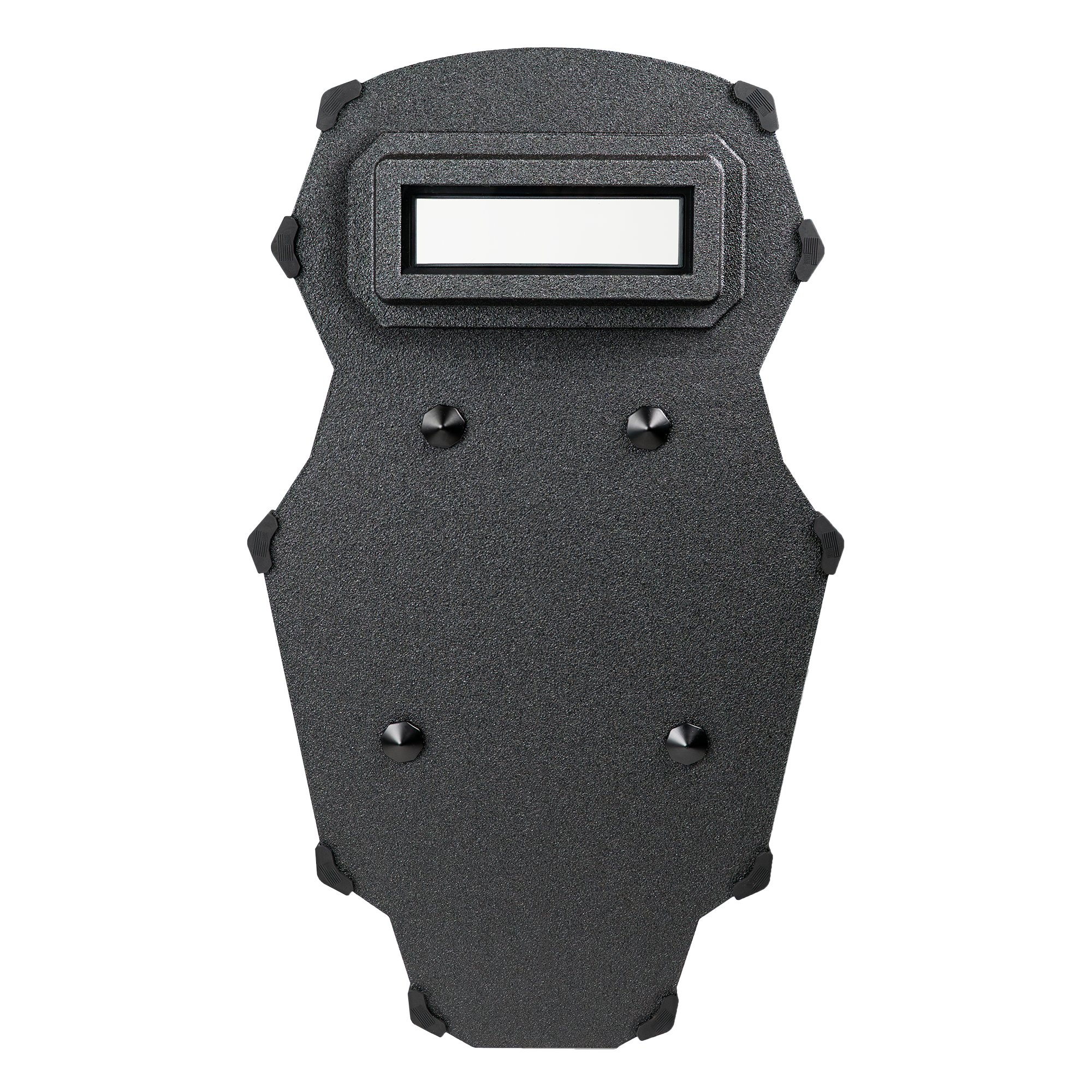 Black tactical shield against a white background, featuring a rectangular viewport, textured surface, and reinforced studs, conveying durability and protection.
