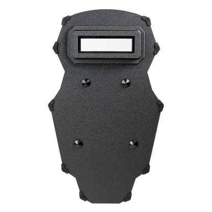 Black tactical shield against a white background, featuring a rectangular viewport, textured surface, and reinforced studs, conveying durability and protection.