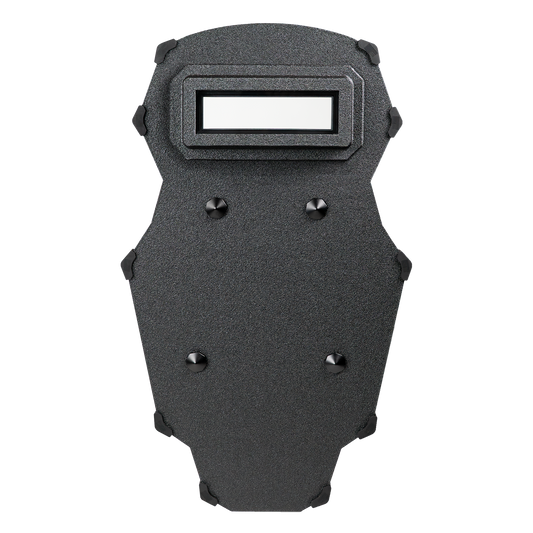 Black tactical shield against a white background, featuring a rectangular viewport, textured surface, and reinforced studs, conveying durability and protection.