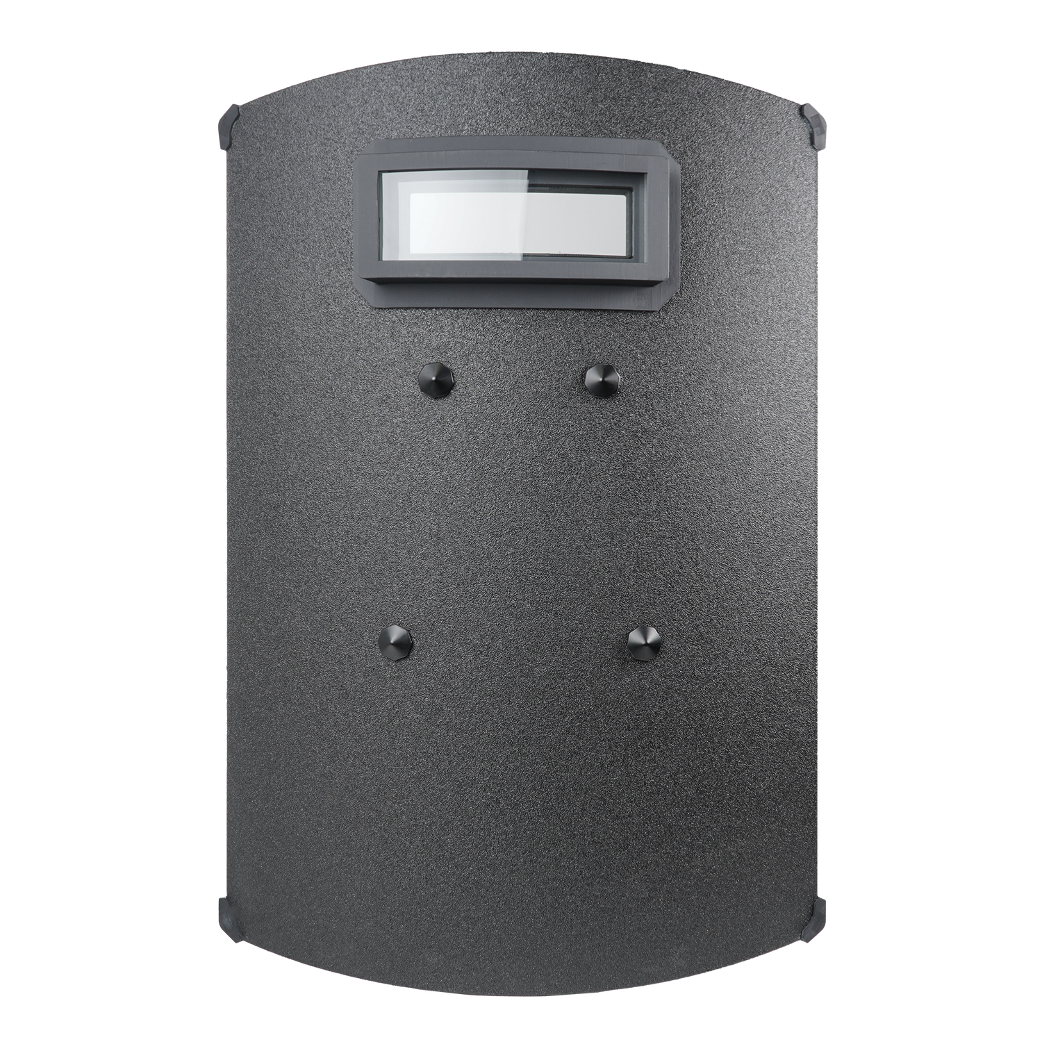 Black ballistic shield with a rectangular viewing window at the top, textured surface, and rounded edges, conveying a tactical, protective feel.