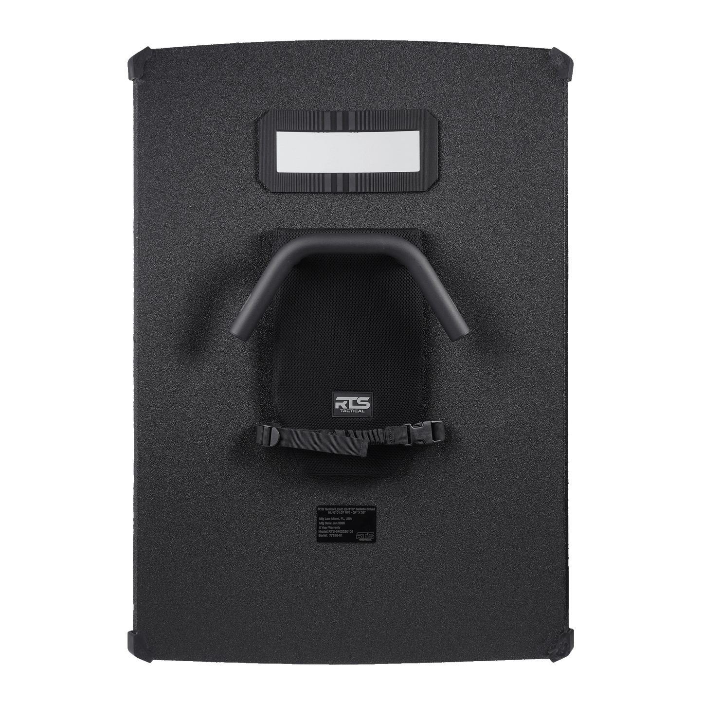 Back of sturdy black ballistic shield with a view window at the top for tactical protection.
