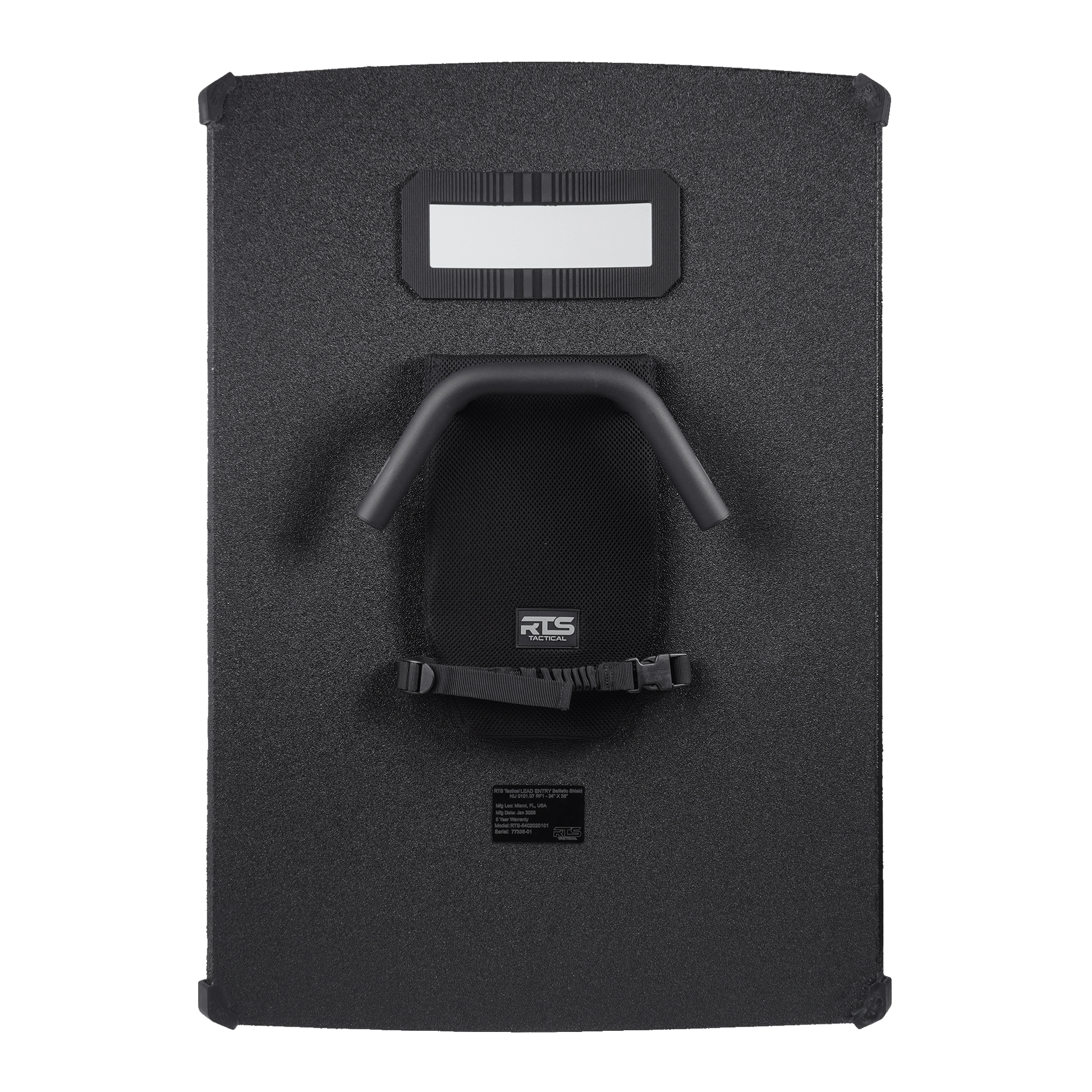Back of sturdy black ballistic shield with a view window at the top for tactical protection.