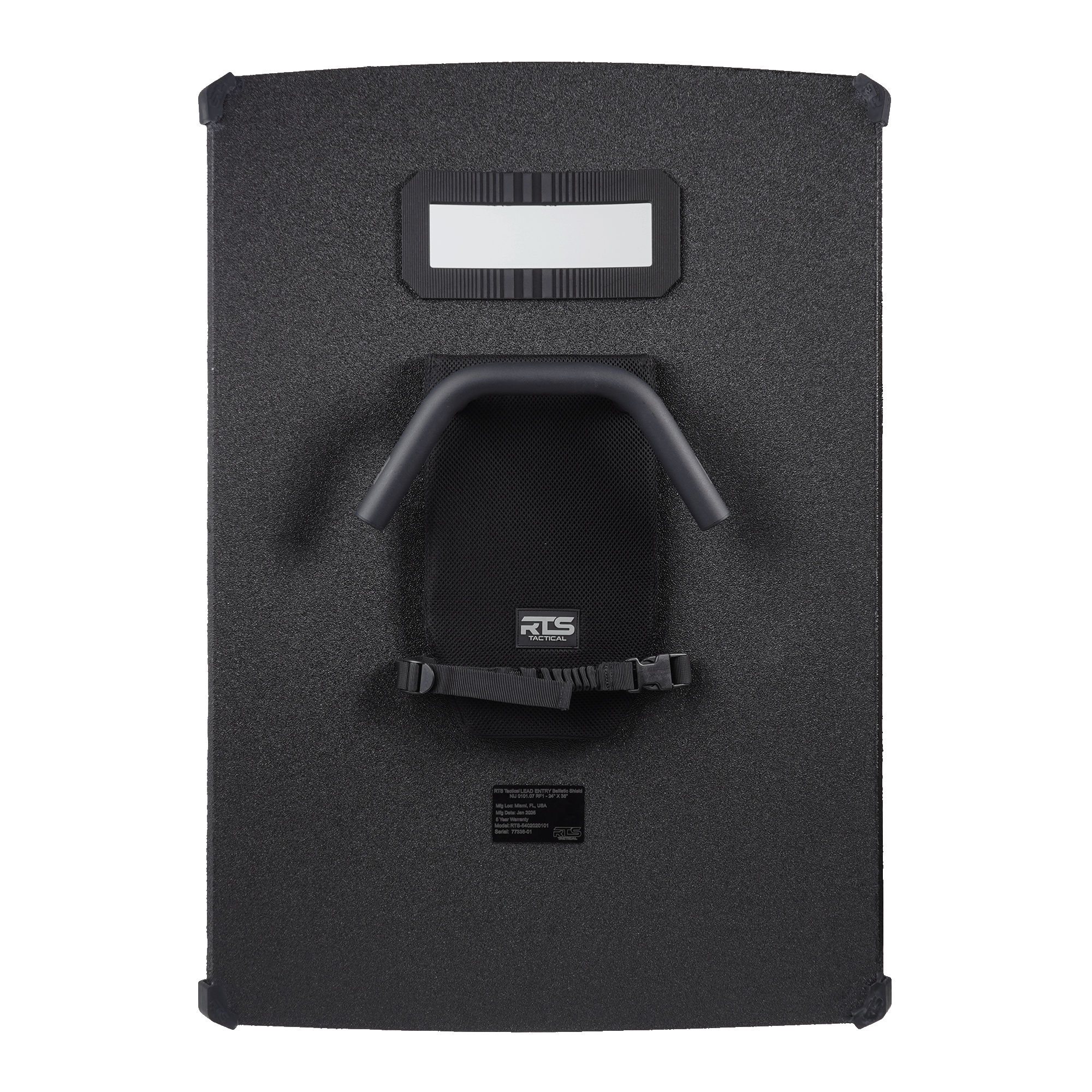 Back of sturdy black ballistic shield with a view window at the top for tactical protection.
