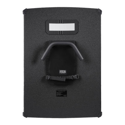 Back of sturdy black ballistic shield with a view window at the top for tactical protection.