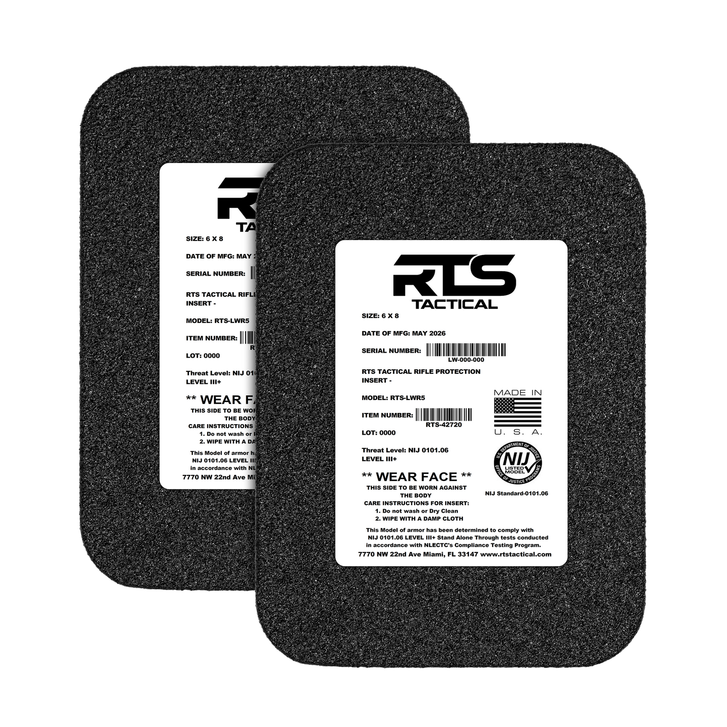 Two black rectangular ballistic plates with white labels, displaying "RTS Tactical" logo, product details, and a "Made in USA" mark.