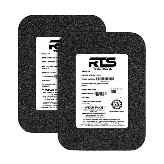 Two black rectangular ballistic plates with white labels, displaying "RTS Tactical" logo, product details, and a "Made in USA" mark.