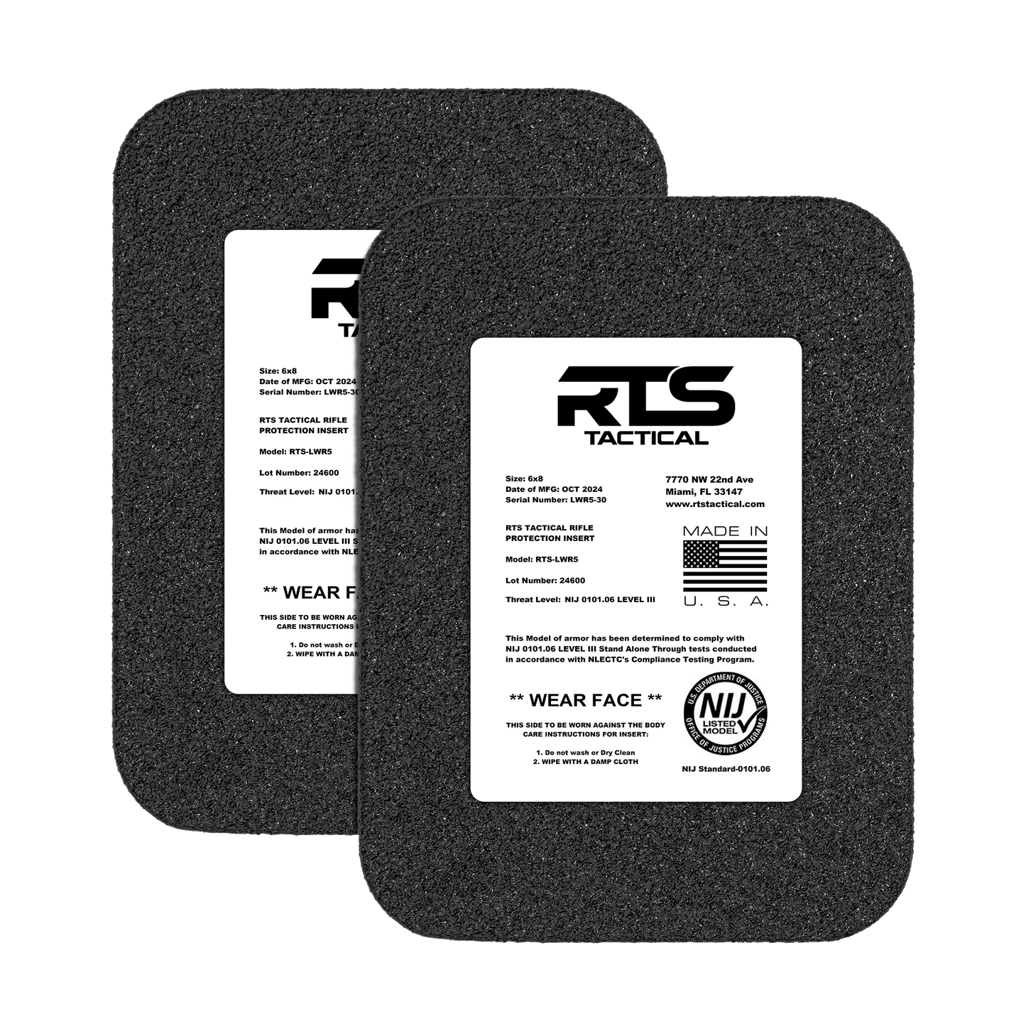Two black rectangular ballistic plates with white labels, displaying "RTS Tactical" logo, product details, and a "Made in USA" mark.