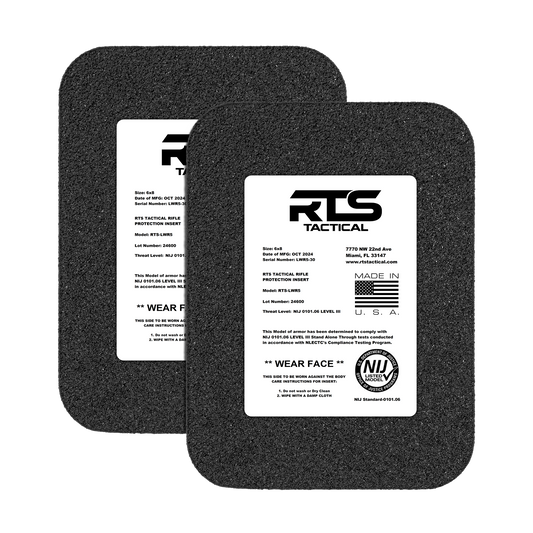 Two black rectangular ballistic plates with white labels, displaying "RTS Tactical" logo, product details, and a "Made in USA" mark.