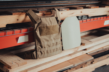 A hard armor plate and plate carrier from the RTS Tactical Essential Armor Bundle.