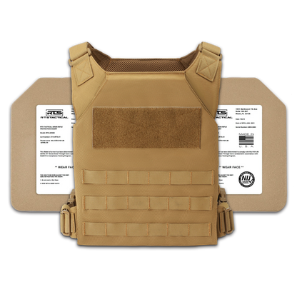 Tan tactical vest with protective plates, featuring multiple straps and Velcro patches.