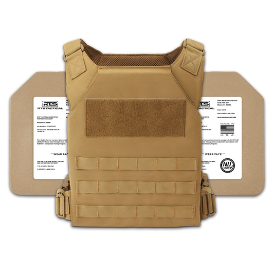 Tan tactical vest with protective plates, featuring multiple straps and Velcro patches.