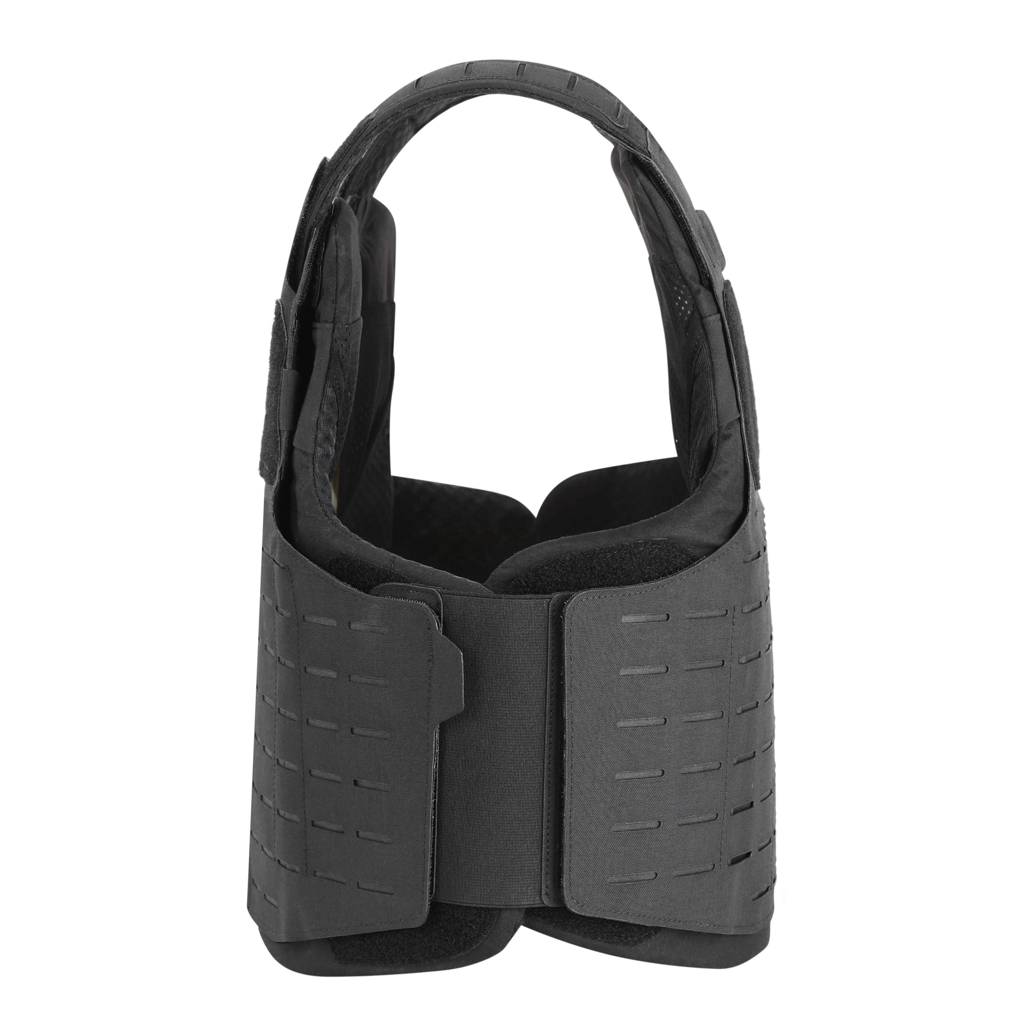 The side of the Slim Tac Special Operations Lightweight Ballistic Vest in black.