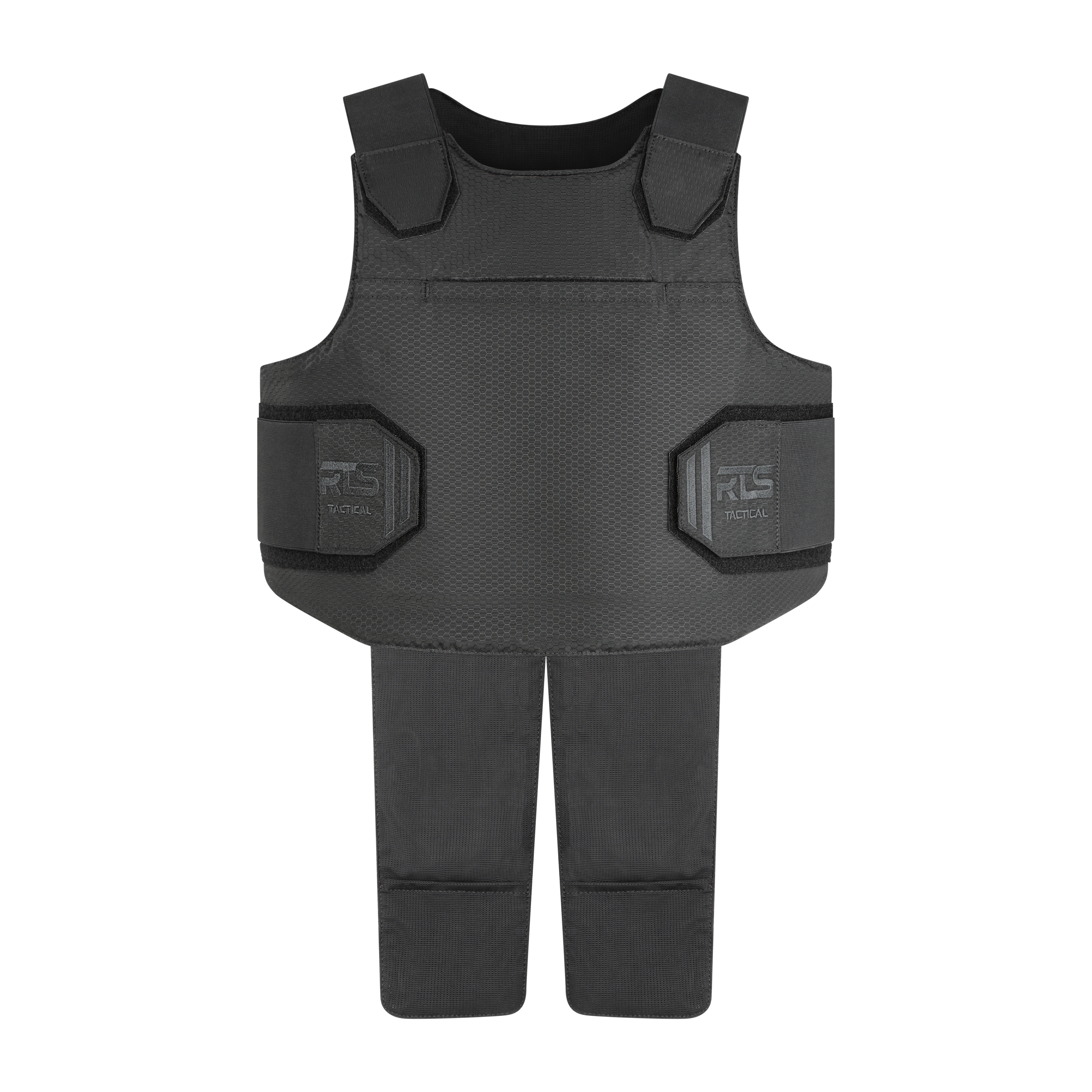 Black tactical vest with side and shoulder protection, featuring adjustable straps. The vest has a rugged, textured surface, conveying durability.