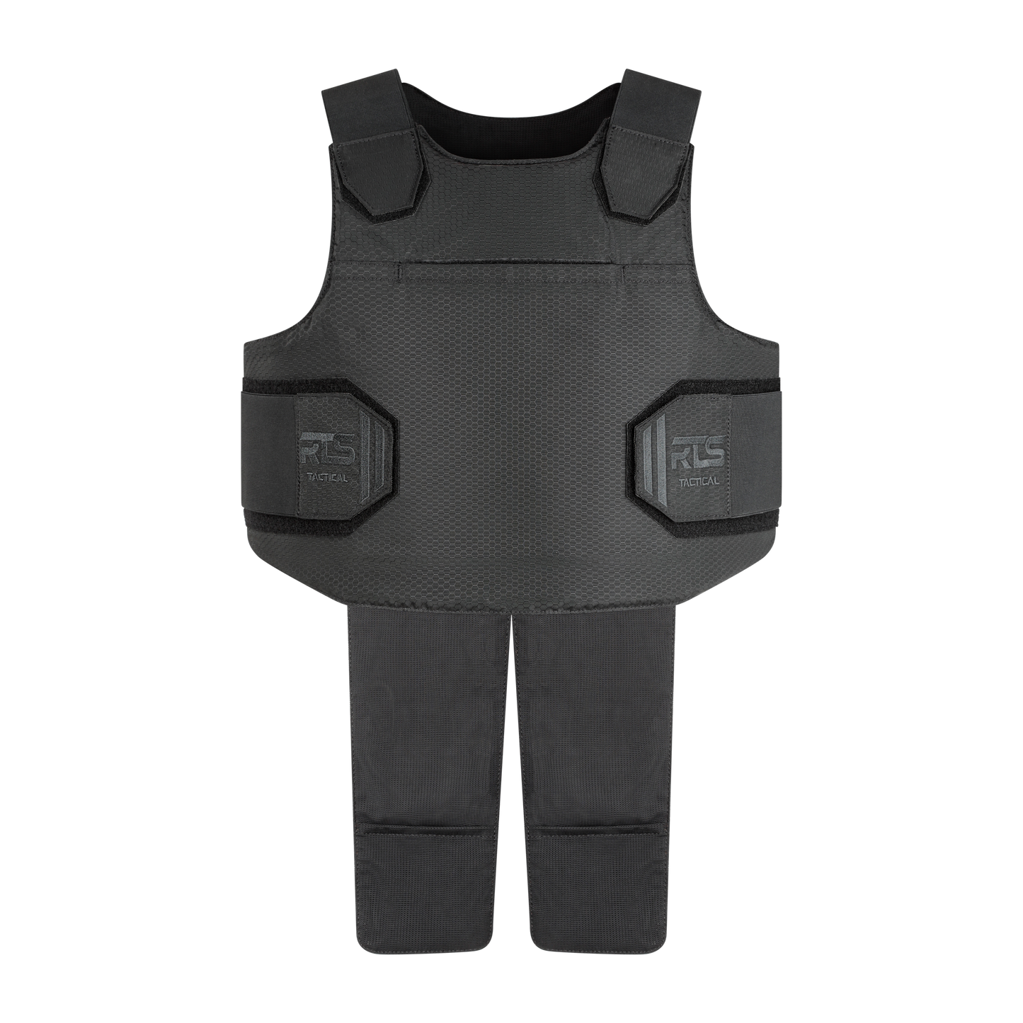 Black tactical vest with side and shoulder protection, featuring adjustable straps. The vest has a rugged, textured surface, conveying durability.